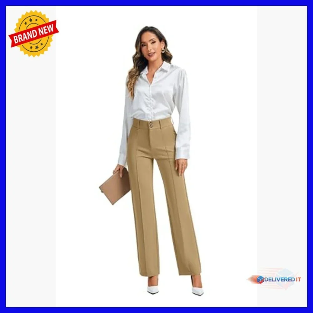 Stretchy Straight Leg Dress Pants High Waist Elastic Casual Slacks with Pockets